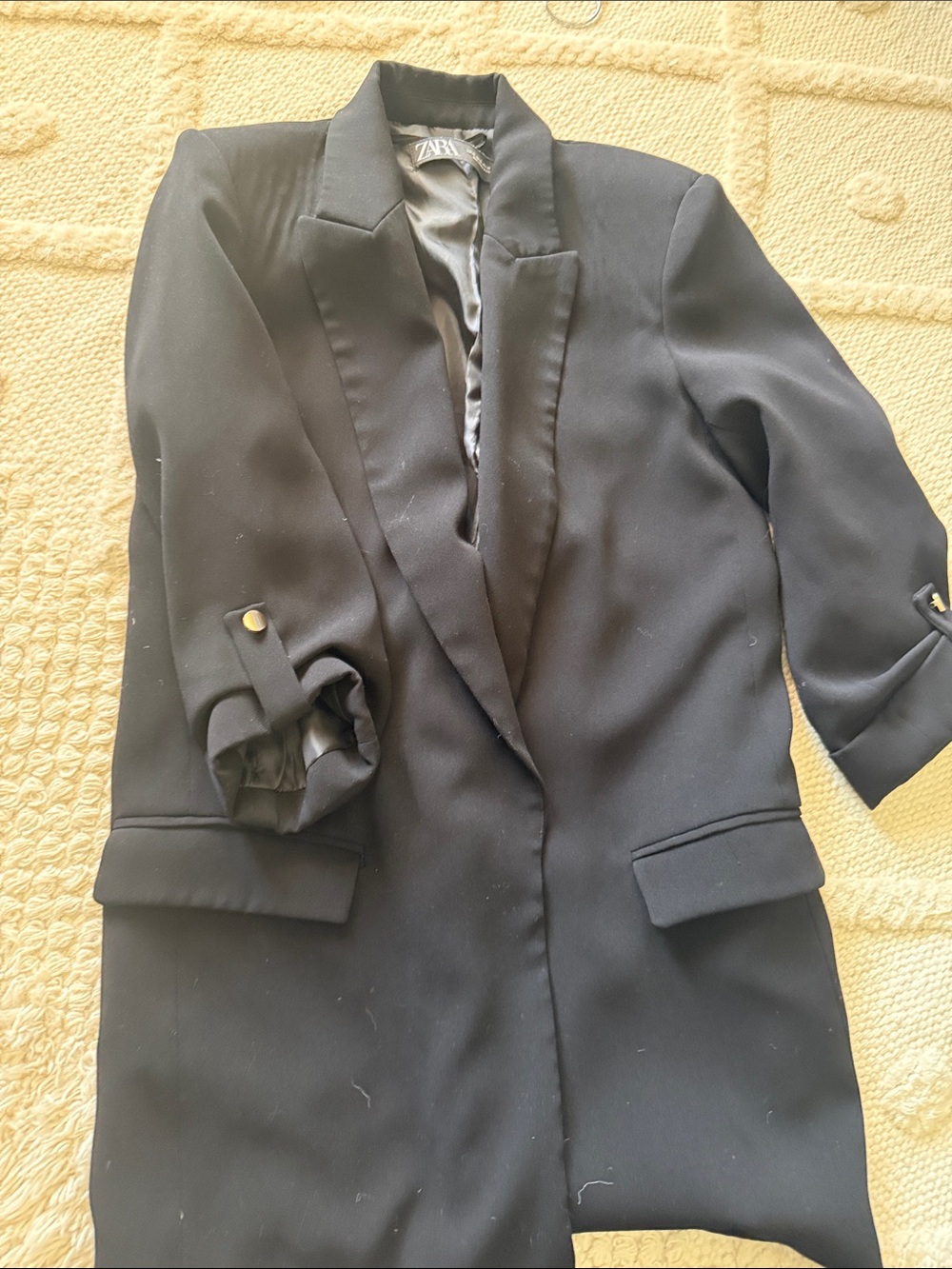 Zara Black Longline Blazer with Rolled Sleeve Detail